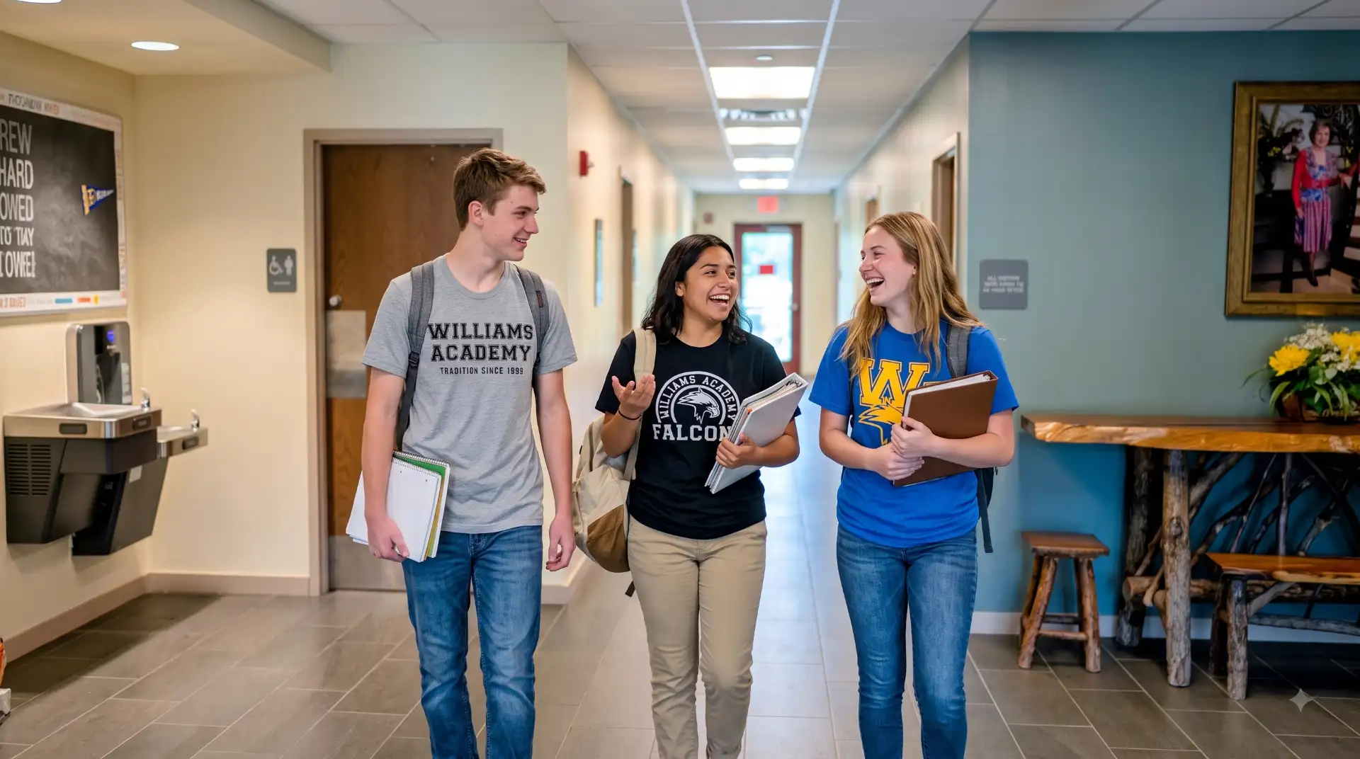 Three high school students walking to class