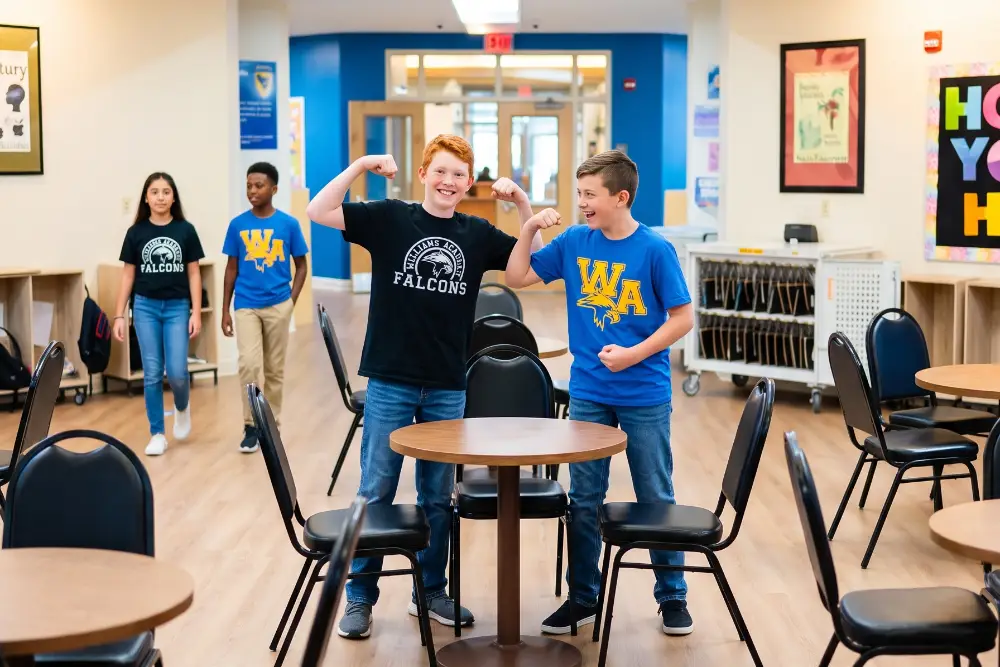 Two middle school students showing their muscles for the camera